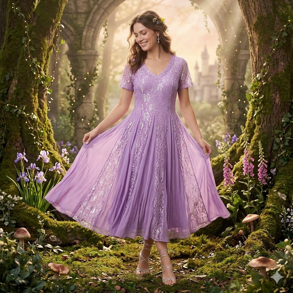 Vintage Lace Crinkle Midi Dress 8 Petite Lilac Purple Fairycore Coquette Girly